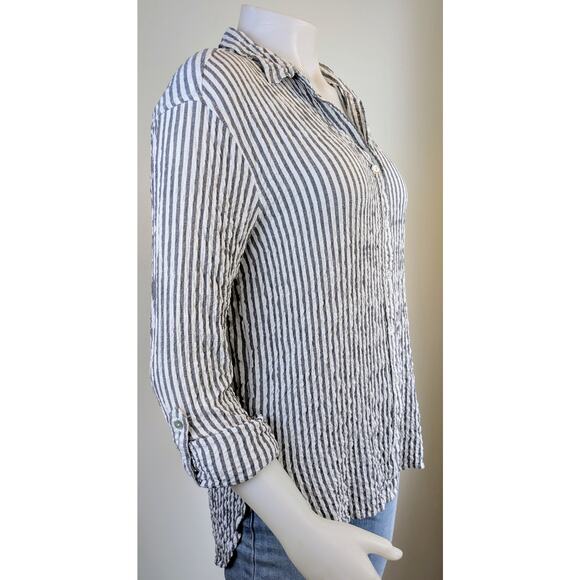 Jane & Delancey Button Down Top Large Gray White Stripe Roll Tab Sleeve Crinkle - Picture 2 of 11